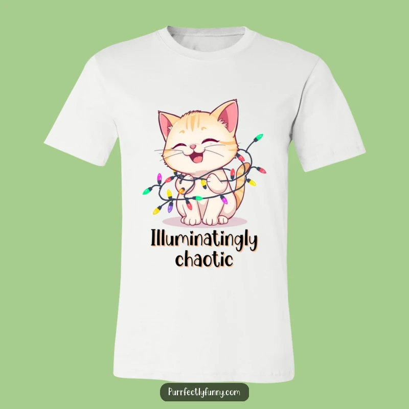 Funny Delighted Cat Lights T-Shirt: Festive Tangle Tee, Great Humorous Gift