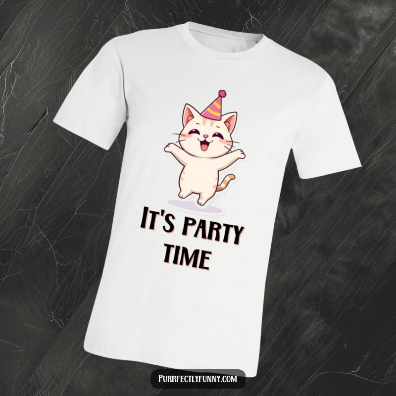 Funny cat in a small party hat, captured mid-bounce with pure excitement on this celebratory t-shirt.