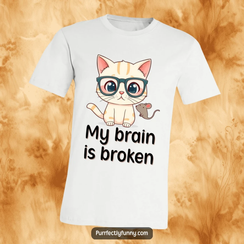 Funny T-Shirt shows a cat wearing large glasses, its eyes wide with surprise at a hovering toy mouse, a comical sight.