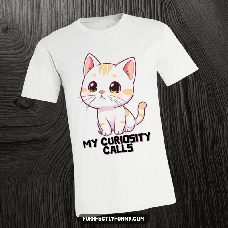 Funny curious cat t-shirt, showing a cat tilting its head and twitching whiskers, investigating an unknown object.