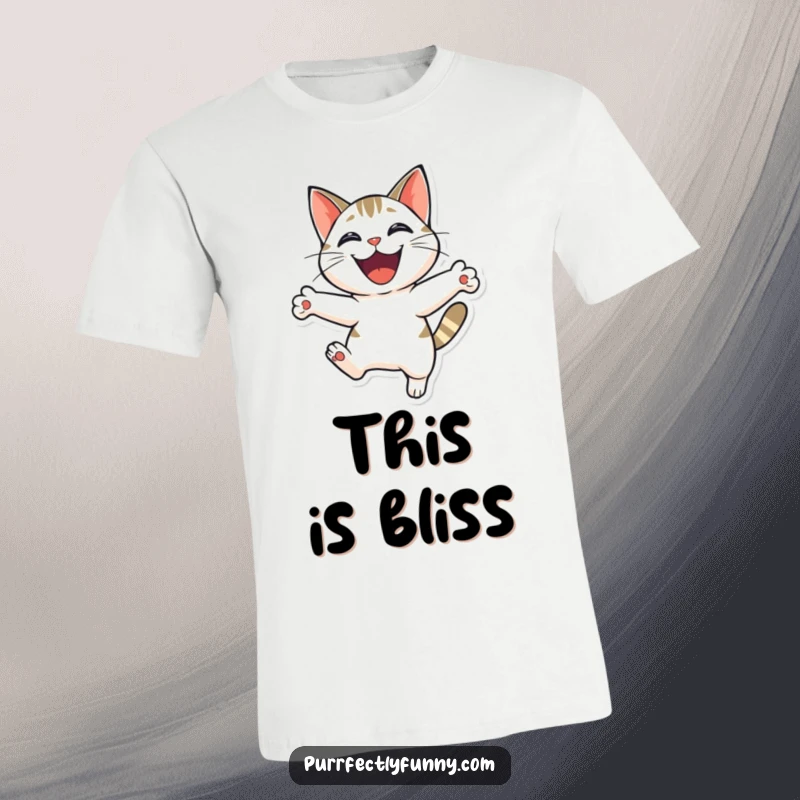 Funny cat mid-leap with an enormous grin, showcasing pure exuberance and happiness on this t-shirt.