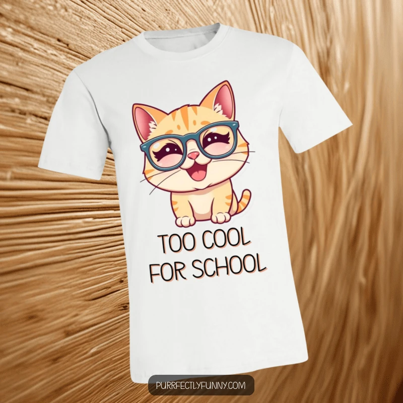 Funny cat wearing oversized, goofy glasses, captured mid-giggle, printed on a soft t-shirt for maximum humor.
