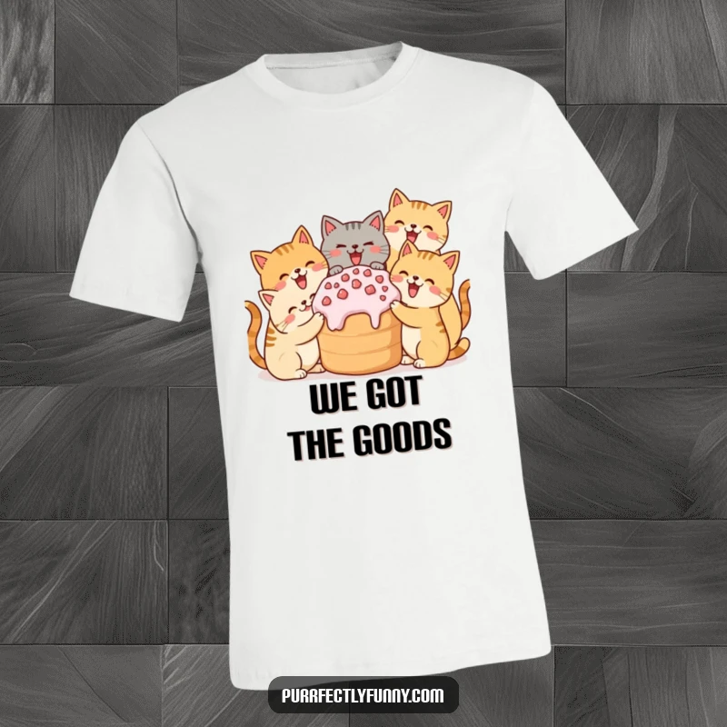Funny t-shirt showing simplified cats happily sharing a gigantic treat, perfect for cat lovers.