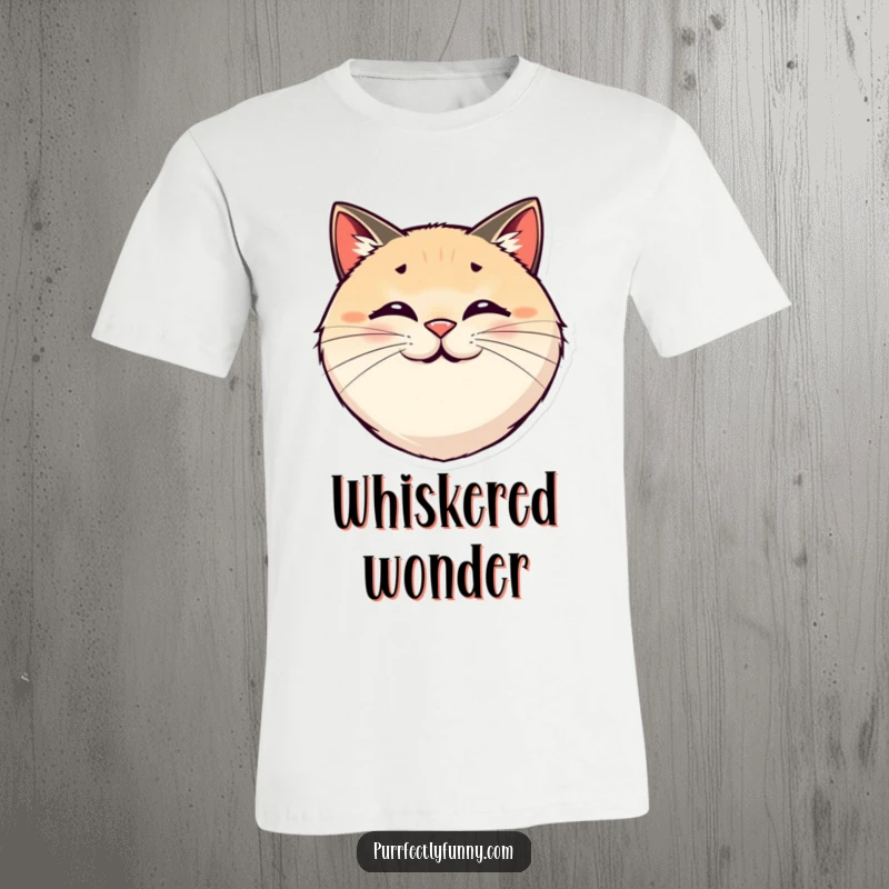 Funny graphic tee with a round, smiling cat face and comically exaggerated, bouncy whiskers.