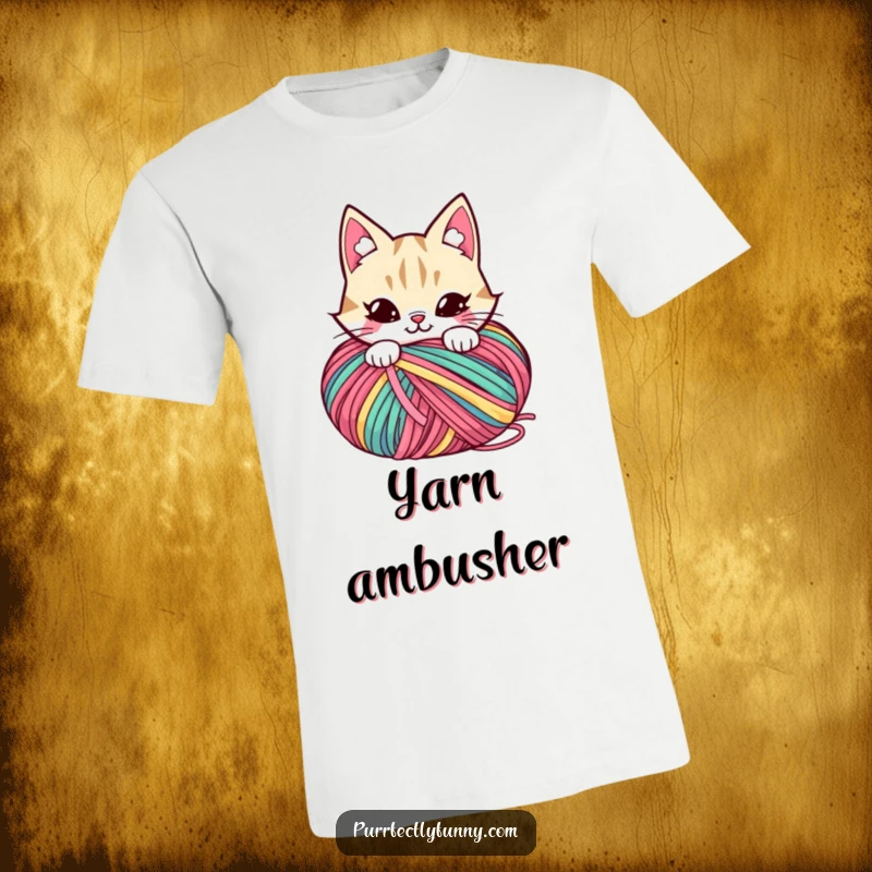 Funny t-shirt depicting a cat with a mischievous smile peeking from behind a big, bright ball of yarn.