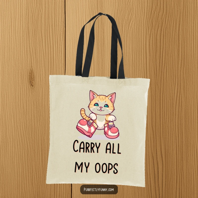 Funny tote bag design of a cat adorably tripping over oversized clown shoes, a humorous and practical accessory.