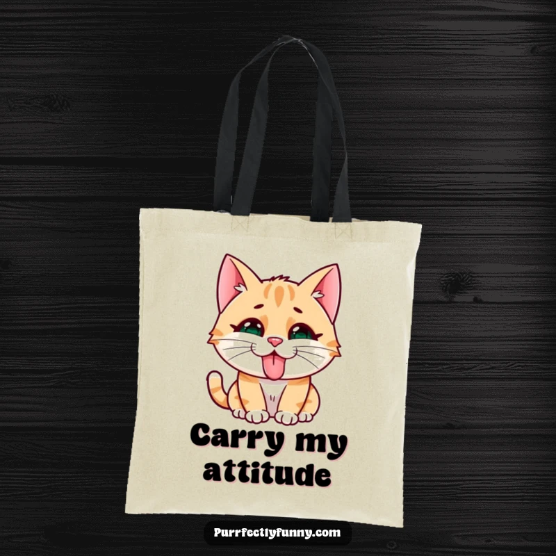 Funny cat character with a cheeky tongue out expression, printed on a durable and stylish tote bag.