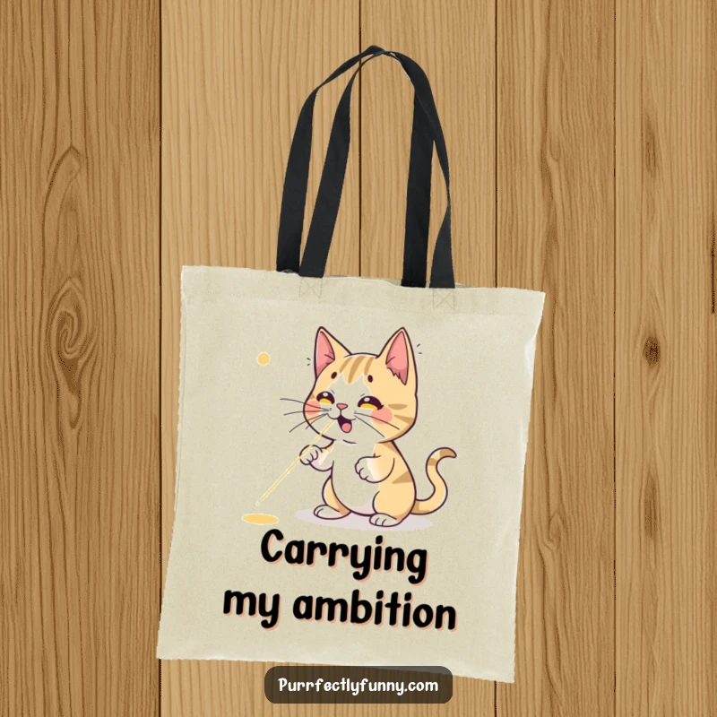 Funny cat tote bag, a playful cartoon cat in mid-leap, trying to catch a tiny red laser pointer dot that's just out of reach.