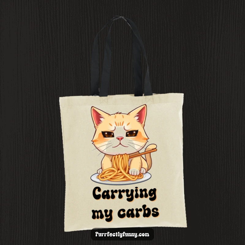 Funny cat with a goofy expression trying to eat spaghetti, on a practical and humorous funny tote bag.