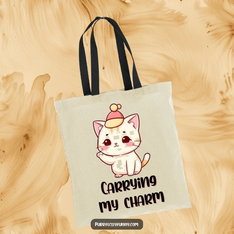 Funny cat with a small hat tipping it gracefully with a paw, printed on a tote bag.