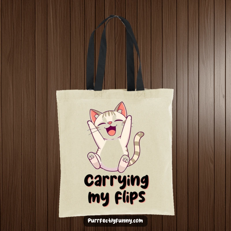 Funny delighted cat tote bag, a cat doing a comical somersault with a look of pure happiness, practical and amusing.