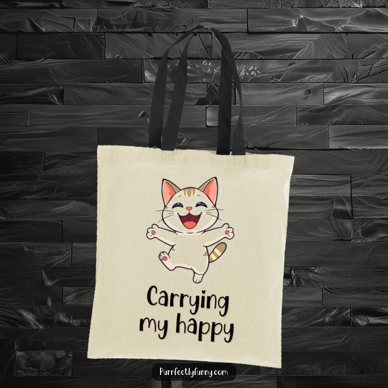 Funny cat caught mid-leap with a massive grin, perfect for a tote bag celebrating pure feline delight.
