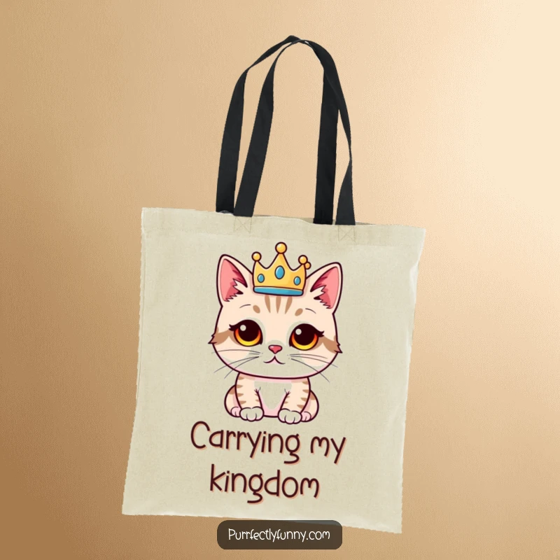 Funny cat tote bag, proud cat with a crown, humorous and regal accessory, great funny gift for queens.