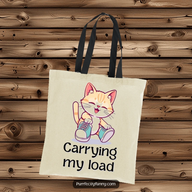 Funny cat wearing oversized shoes, tripping playfully, on a practical and humorous funny tote bag.