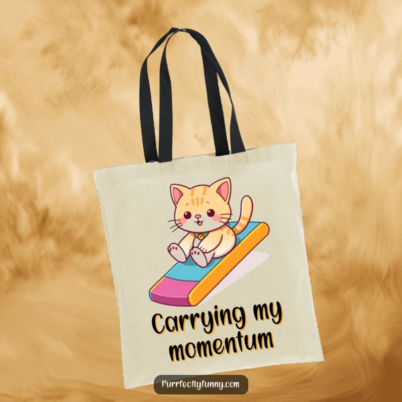 Vibrant tote bag displaying a funny cat mid-slide down a colorful ramp, embodying pure, unadulterated playfulness.