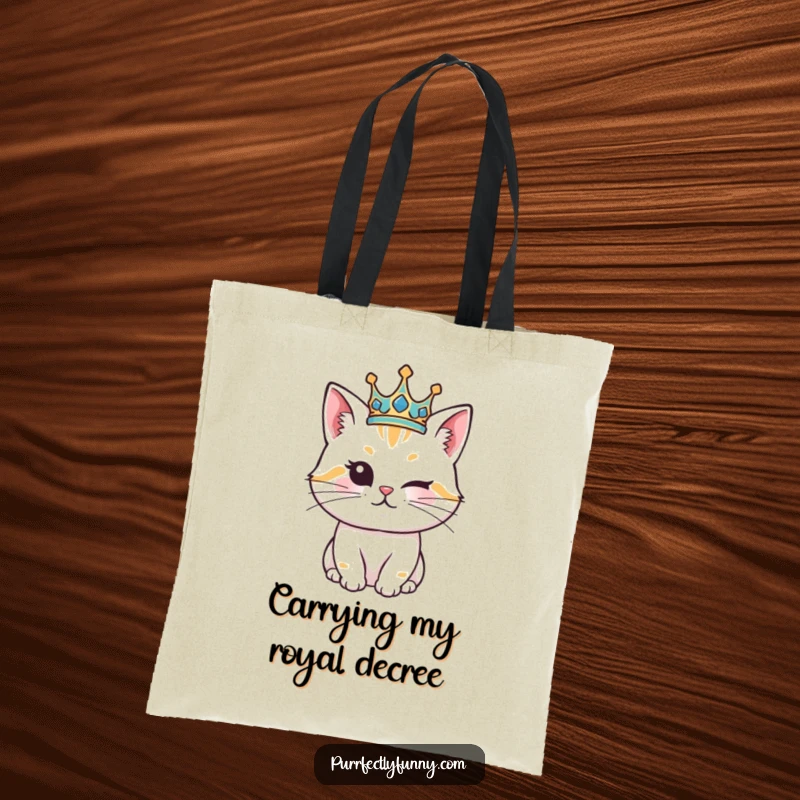 Funny Cat Tote Bag: A stylish tote bag displaying a funny image of a cat wearing a crown and winking.