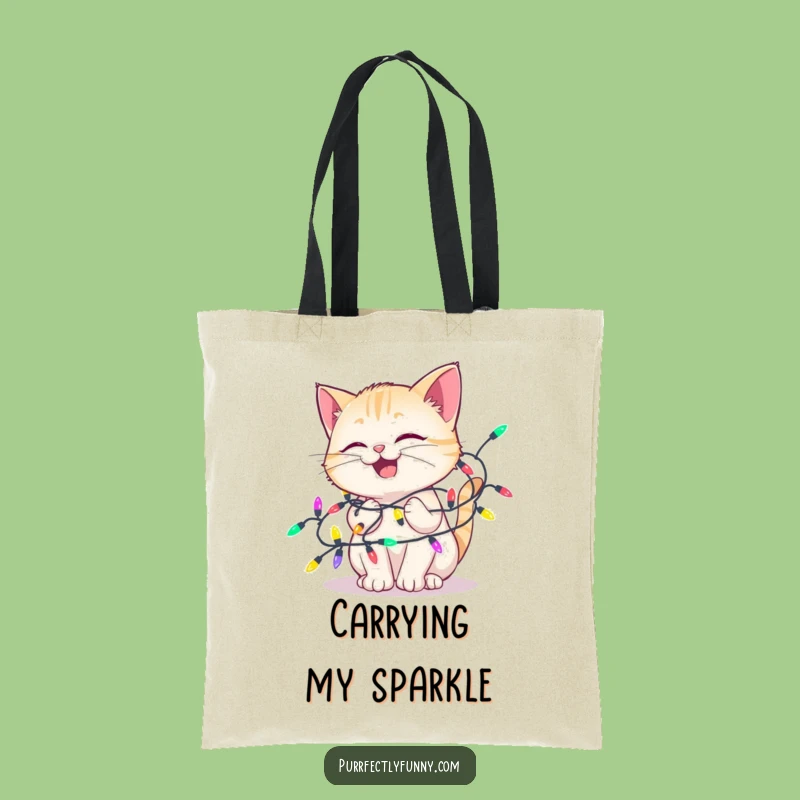Funny Delighted Cat Lights Tote Bag: Festive Accessory, Hilarious Holiday Gift