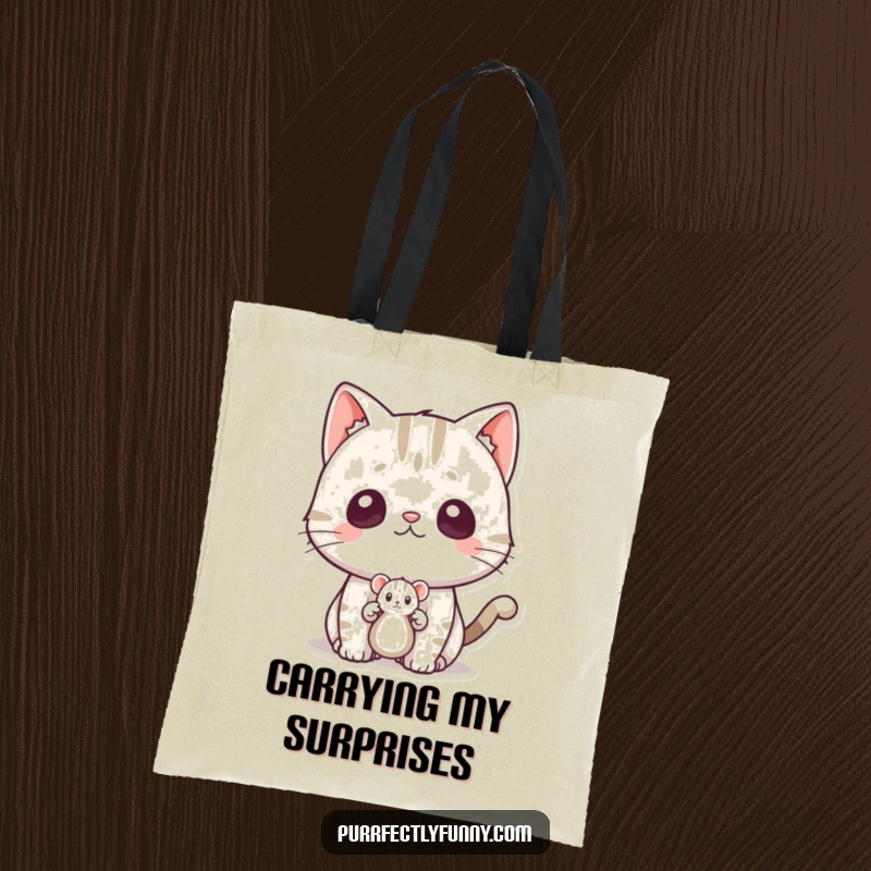 Funny surprised cat tote bag, a cat startled by a toy mouse popping out, a humorous and practical bag.