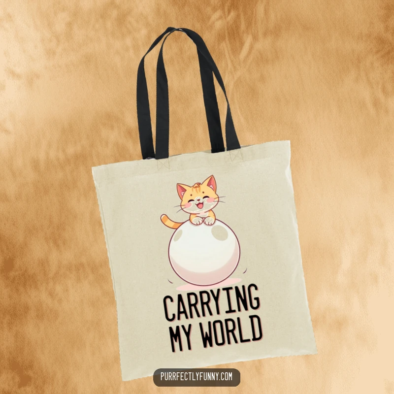 Funny cat mid-bounce on a large, brightly colored bouncy ball, perfect for groceries or daily commutes, a humorous tote.