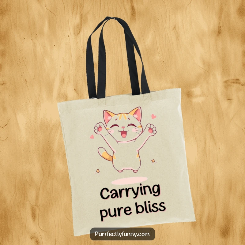 Funny cat tote bag: a cat character leaping with paws outstretched, pursuing an imagined treat with great enthusiasm.