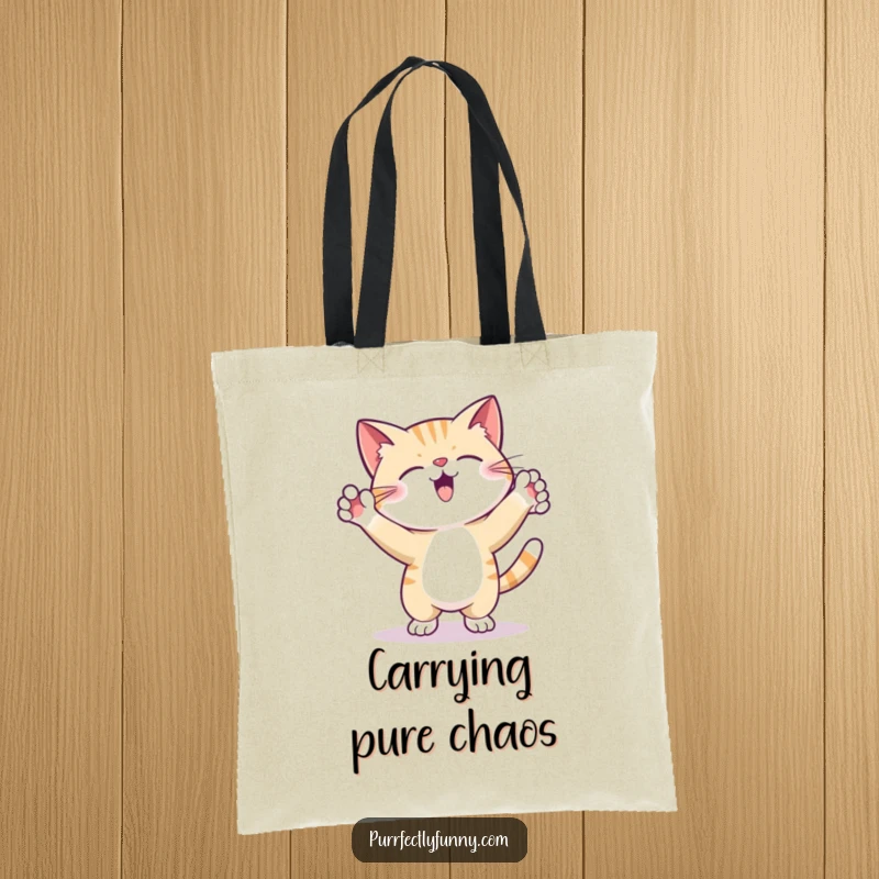 Funny Tote Bag featuring a cat doing a silly dance with paws raised, ideal for carrying essentials with a dose of feline flair.
