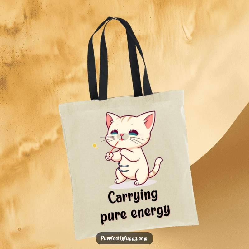 Funny tote bag designed with a cat coiled like a spring, intensely pursuing a laser pointer dot, perfect for carrying items with playful humor.