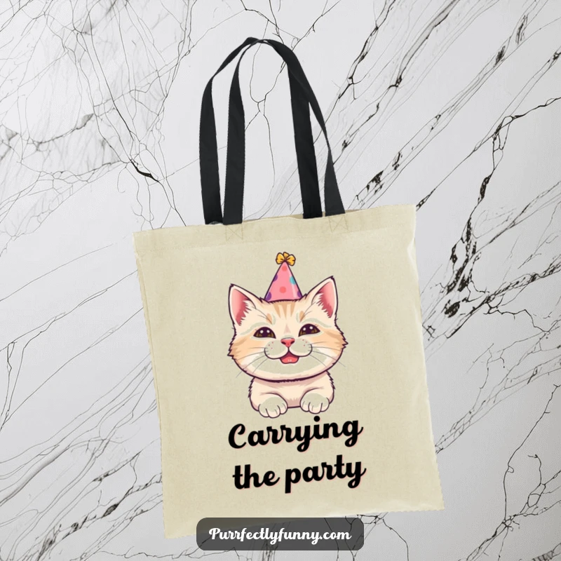 Funny tote bag with a cat wearing a tilted party hat and a comical grin, perfect for carrying goodies with a festive vibe.