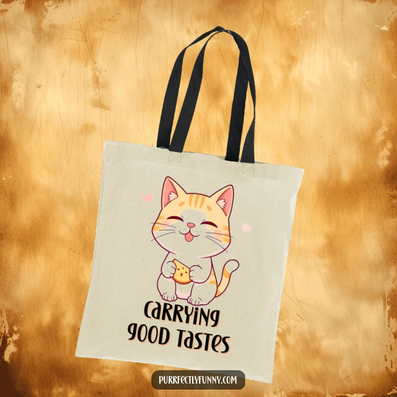 Funny cat tote bag: a cat character smacking its lips, eagerly anticipating a delicious snack, looking ready to eat.