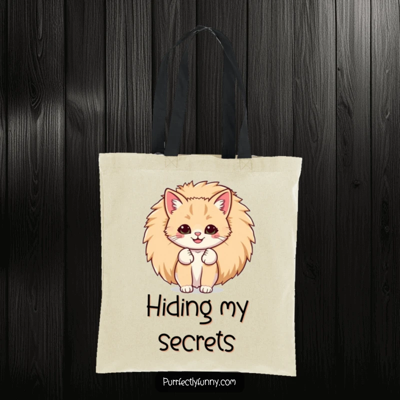 Funny tote bag showcasing a cat with a comically large smile emerging from behind its enormous, fluffy tail, symbolizing pure joy.
