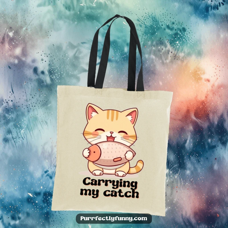 Funny Cat Tote Bag: A cat wearing a bib happily eats a huge fish treat, showcasing a humorous appetite and pure feline bliss.
