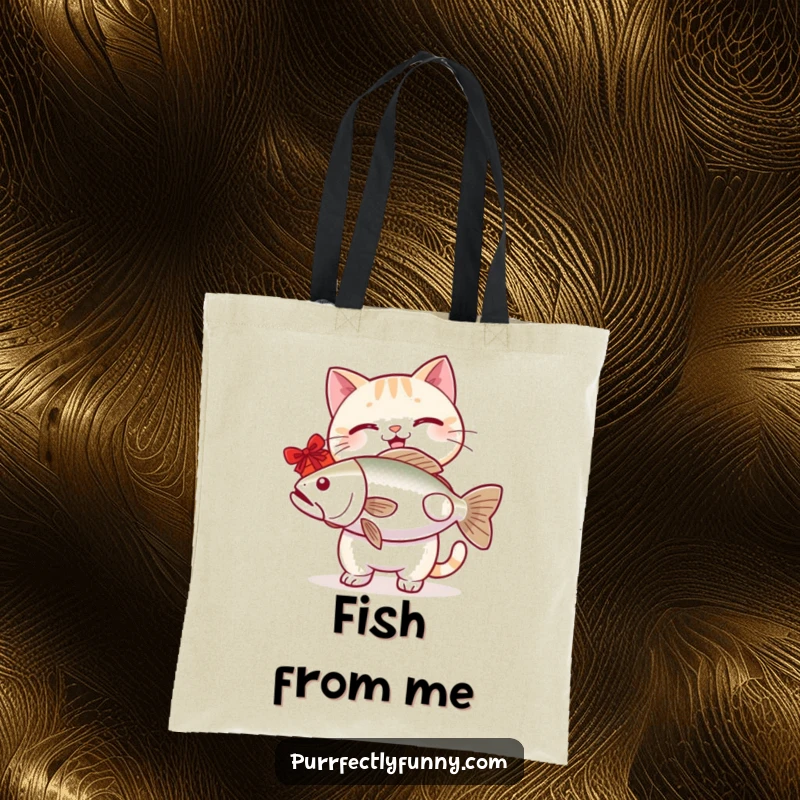 Funny cat tote bag featuring a cheerful cat presenting a disproportionately large fish, perfect for carrying groceries or giggles.