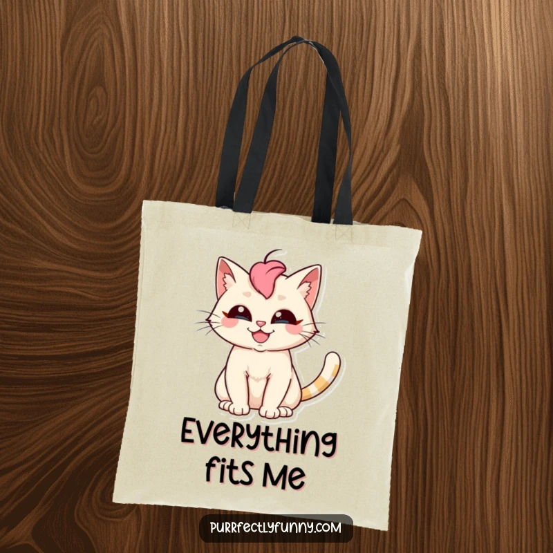 Funny cat tote bag displaying a silly cat with a wide grin and an expressive, fanned tail; practical and amusing.