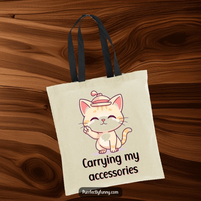 Funny tote bag showcasing a cat wearing a tiny hat and striking a confident pose.
