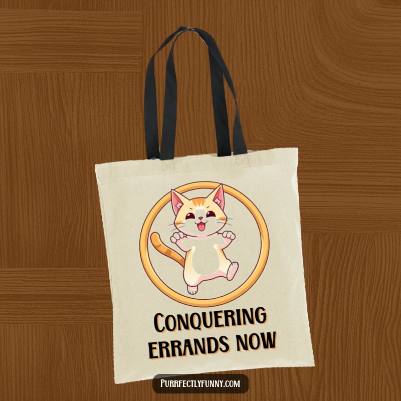 Funny tote bag design of a cat making a spectacular leap through a hoop, a humorous statement piece.