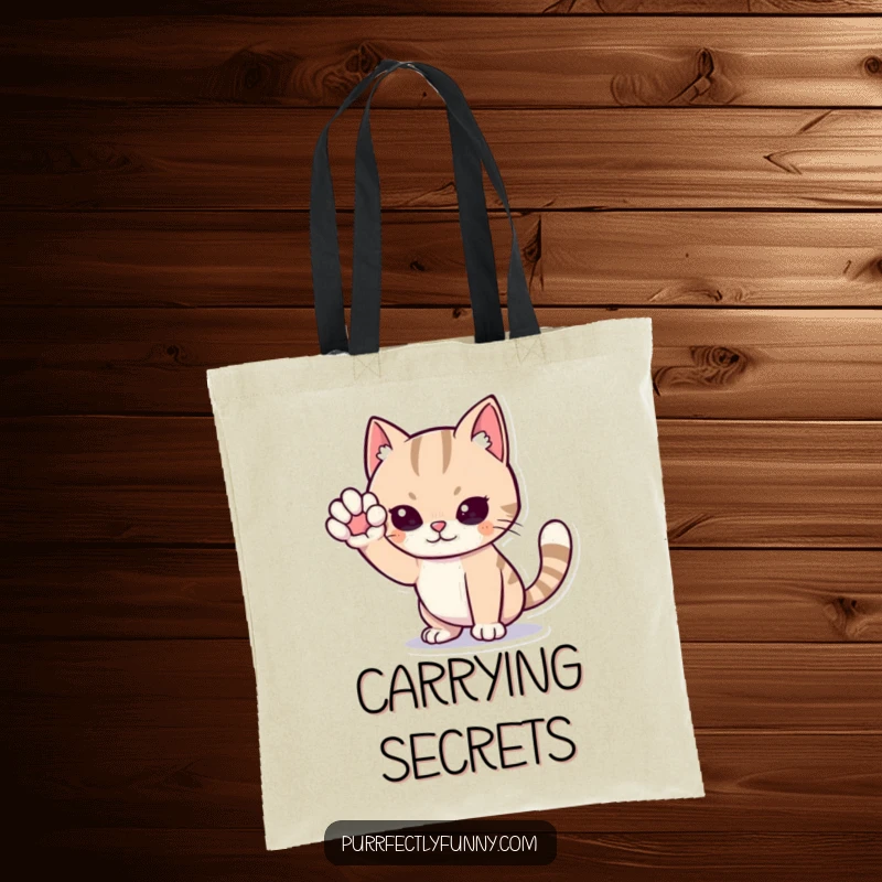 Funny cat tote bag, a cartoon cat in a theatrical sneaking stance, one paw dramatically raised, embodying covert operations and feline grace.