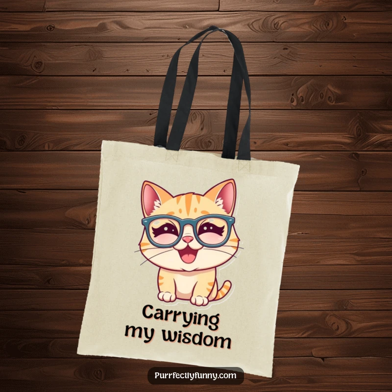 Funny cat illustration wearing silly spectacles, captured in a fit of giggles, printed vibrantly on a practical tote bag.