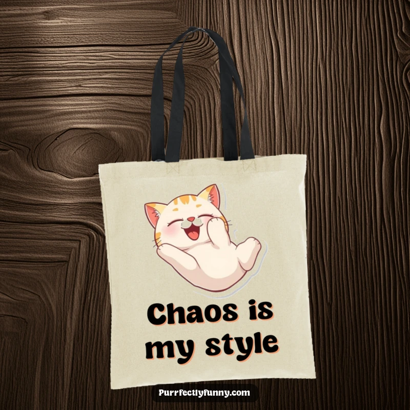 Funny tote bag showing a cat tumbling head over heels with pure delight, great for carrying items.