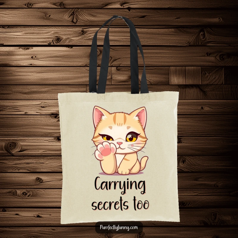 Funny cat with large, expressive eyes winking from behind its paw on a tote bag, a charming accessory.