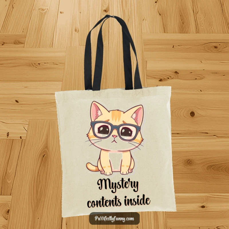 Funny cat with oversized glasses, looking comically confused, on a tote bag, ideal for daily use.