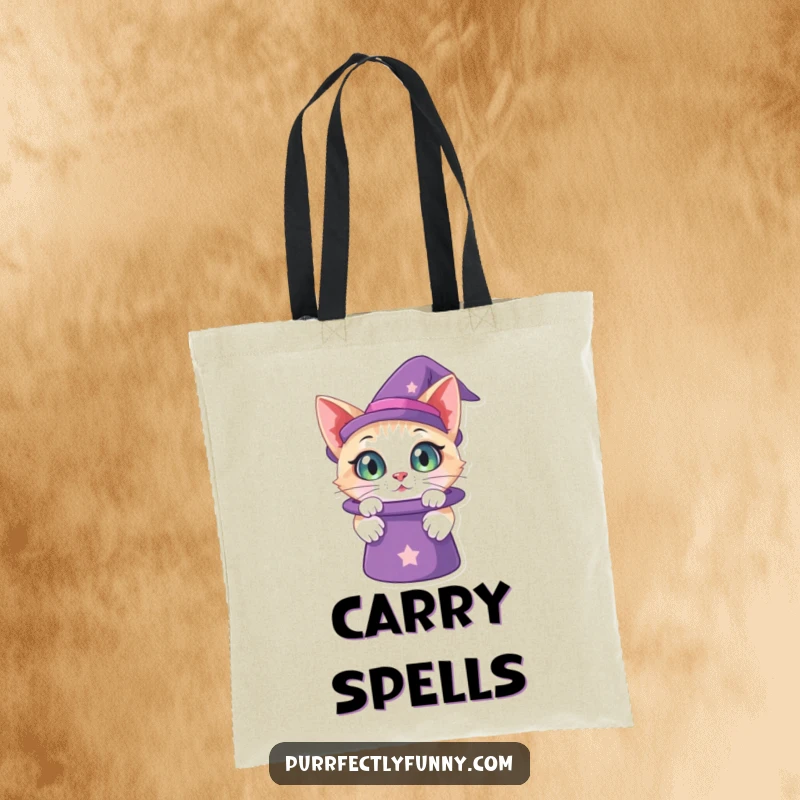 Funny tote bag illustration of a cat with wide, curious eyes peering into a magic hat, perfect for carrying your curious finds.