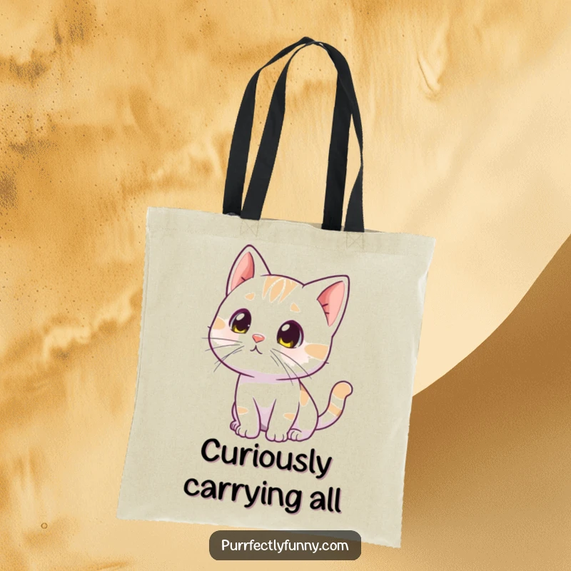 Funny curious cat tote bag, a cat tilting its head with twitching whiskers, investigating something with great curiosity.