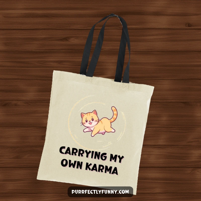 Funny Cat Tote Bag: A durable tote bag featuring a funny image of a cat spinning happily in a spiral chasing its tail.
