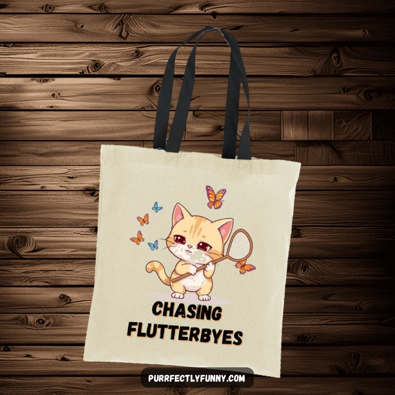 Funny tote bag illustrating a goofy cat with a net, hilariously focused on catching butterflies, suggesting a charmingly clumsy adventure.