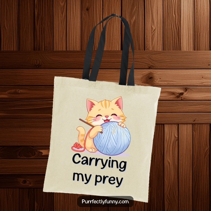 Funny Cat Tote Bag: A durable tote bag featuring a funny image of a cat gleefully batting a giant, smiling ball of yarn.