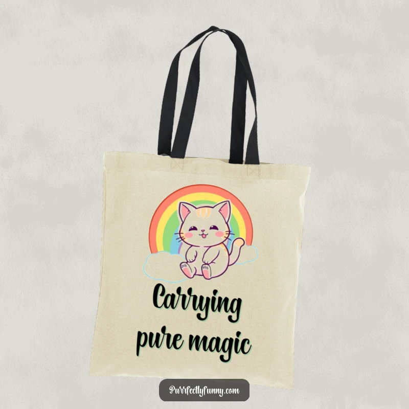Funny cat with a happy expression, sliding down a rainbow, making this tote bag a symbol of magical adventures.