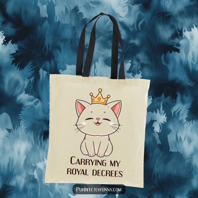 Funny tote bag with a proud cat wearing a small crown, looking amused and superior.