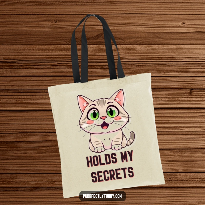 Funny cat with comically wide eyes and an enormous grin, on a practical and humorous funny tote bag.