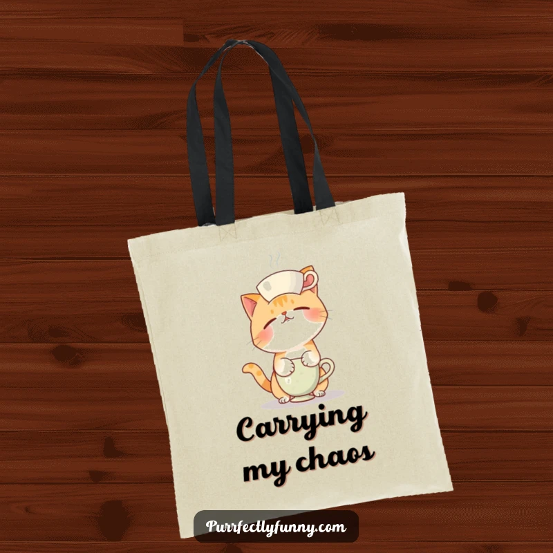 Funny tote bag illustrating a cat's comical struggle to balance a teacup on its head, great for everyday use.