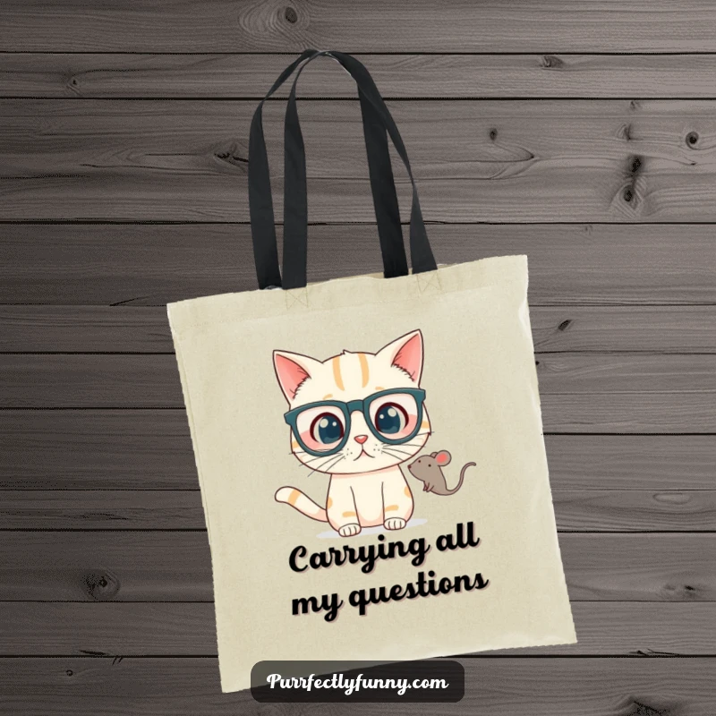 Funny Tote Bag showing a cat in oversized glasses looking surprised at a floating toy mouse, a humorous and practical accessory.