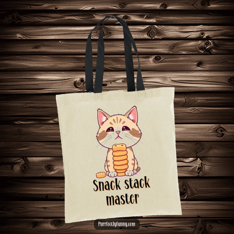 Funny tote bag showcasing a cat attempting to balance a tall stack of treats on its nose, symbolizing delicious challenges.